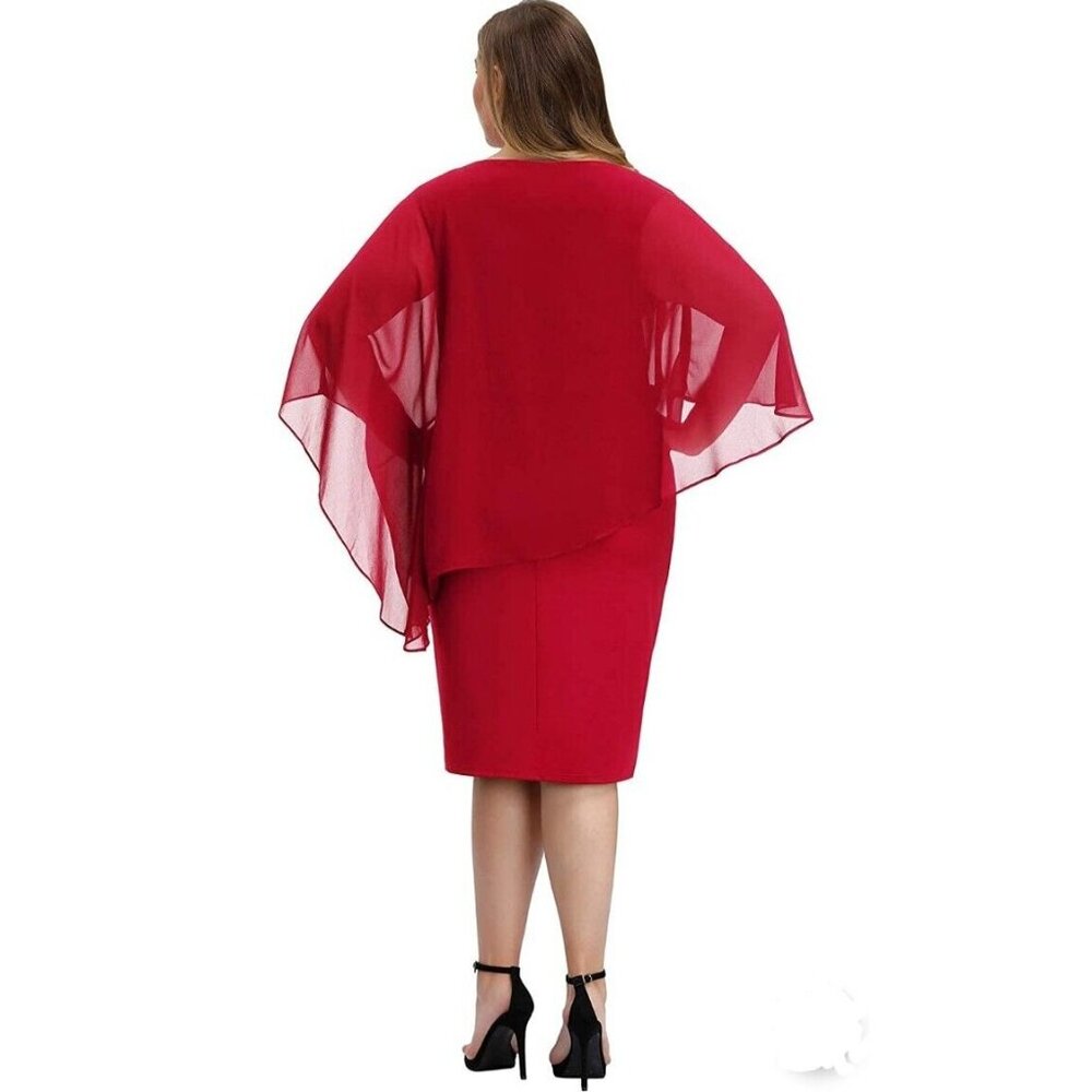 Hanna Nikole Womens Plus 20W Red Cape Dress Chiffon Overlay Bodycon Pencil NEW - Picture 2 of 7